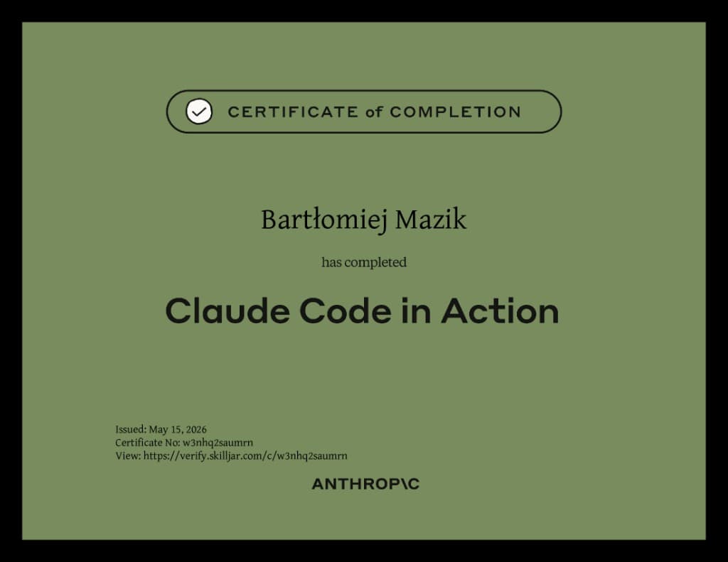 Certyfikat Claude Code in Action - Bartłomiej Mazik, Anthropic