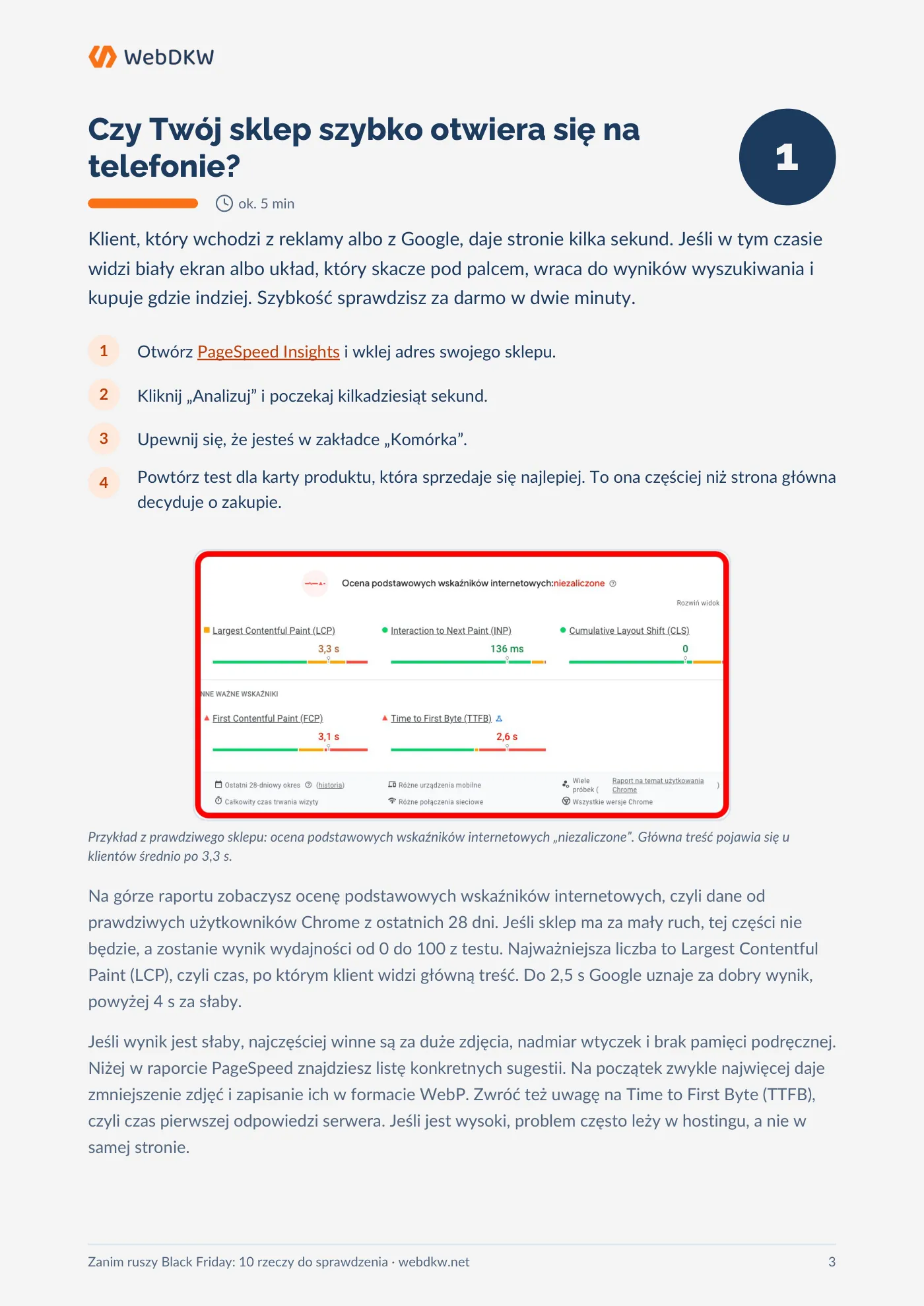 Strona checklisty o szybkości sklepu na telefonie, z przykładowym wynikiem PageSpeed Insights